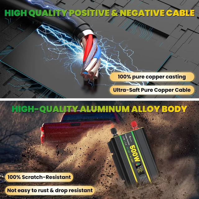 Alt view image 7 of 7 - 500 Watt Power Inverter for Vehicles, Car Power Inverter with 2 AC Outlets/Cigarette Lighter/PD 36W USB-C/QC 18W Port/LED Display, Inverter 12V to 110V for Truck/Car/Laptop/Camping with Surge 1000W