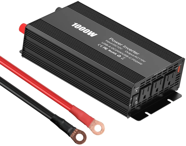 Main image of AWELTEC 1000W Car Power Inverter 12V-110V AC USB-C PD 24W + Battery Cables | Includes battery cables for direct connection heavy-duty power on the go