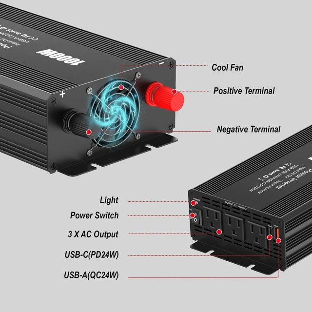 Alt view image 3 of 7 - AWELTEC 1000W Car Power Inverter 12V-110V AC USB-C PD 24W + Battery Cables | Includes battery cables for direct connection heavy-duty power on the go