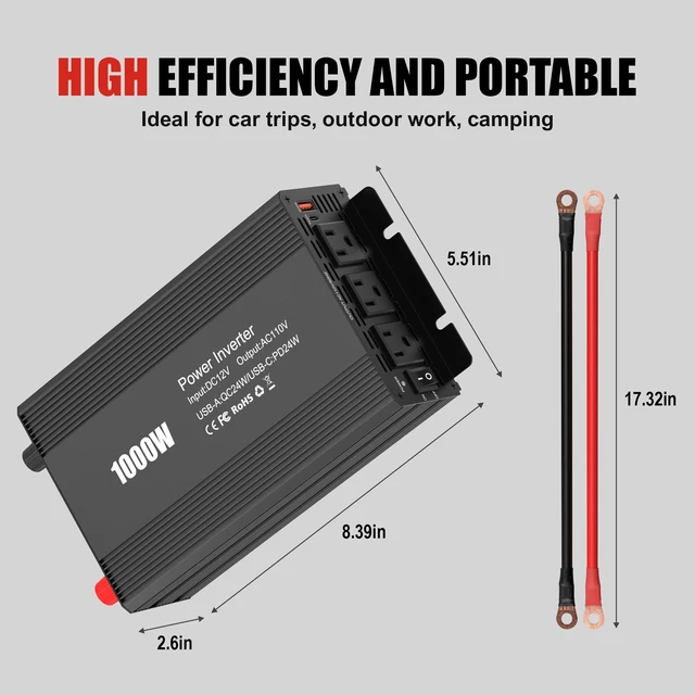 Alt view image 4 of 7 - AWELTEC 1000W Car Power Inverter 12V-110V AC USB-C PD 24W + Battery Cables | Includes battery cables for direct connection heavy-duty power on the go