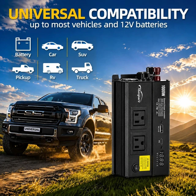 Alt view image 2 of 7 - TWING 1000W Power Inverter for Car 12V DC to 110V AC Converter Black Portable Power Converter for Cars, Trucks and Vehicle Emergency 3.0A USB and Type-C Ports, 12 Volt Cigarette Lighter Adapter