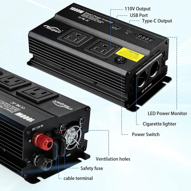Alt view image 7 of 7 - TWING 1000W Power Inverter for Car 12V DC to 110V AC Converter Black Portable Power Converter for Cars, Trucks and Vehicle Emergency 3.0A USB and Type-C Ports, 12 Volt Cigarette Lighter Adapter