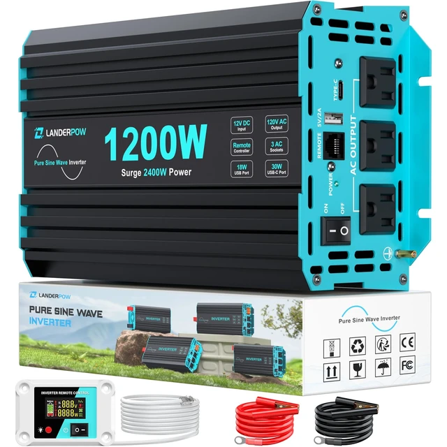 Main image of LANDERPOW 1200 Watt Pure Sine Wave Car Power Inverter 12V DC to 110V AC | 2400W Surge Inverters with 3 AC Outlet, 30W USB-C, 5V/3.1A USB, Remote Control for RV, Truck, Converter Inverter 12V to 120V