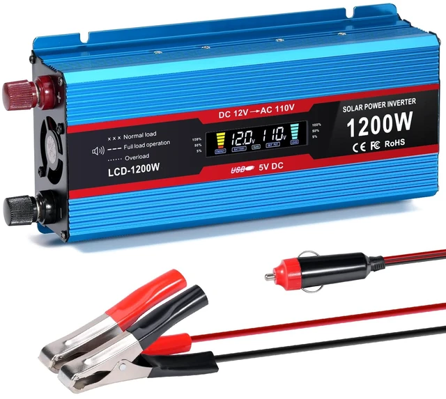 Main image of PKNYBZH 1200Watt Car Power Inverter 12V DC to 110V AC,1200W Inverter, Power Inverters for Vehicles with LCD Display and AC Outlets 2A USB Charging Port (Blue)