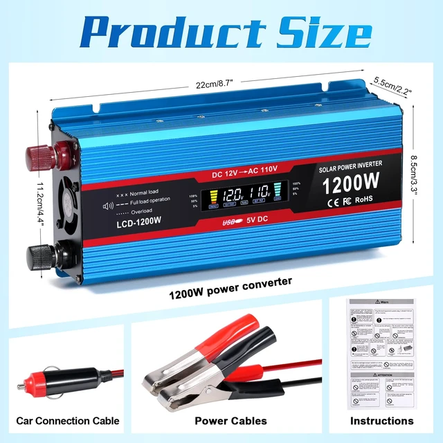 Alt view image 4 of 7 - PKNYBZH 1200Watt Car Power Inverter 12V DC to 110V AC,1200W Inverter, Power Inverters for Vehicles with LCD Display and AC Outlets 2A USB Charging Port (Blue)