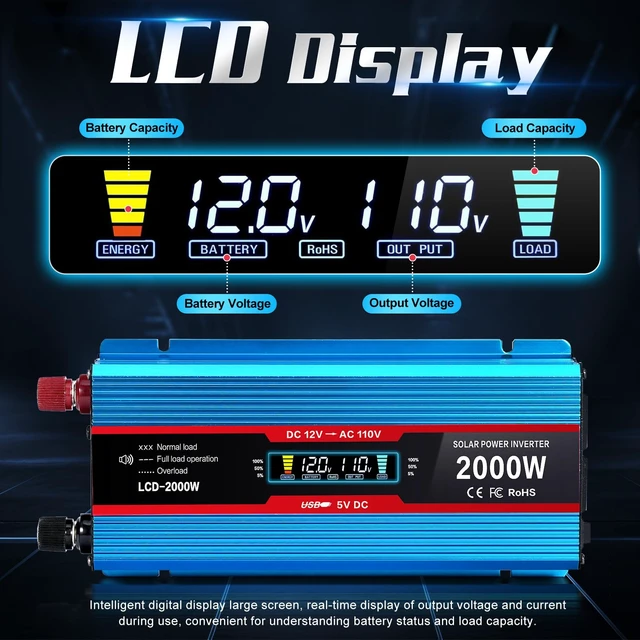 Alt view image 2 of 7 - PKNYBZH 1200Watt Car Power Inverter 12V DC to 110V AC,1200W Inverter, Power Inverters for Vehicles with LCD Display and AC Outlets 2A USB Charging Port (Blue)