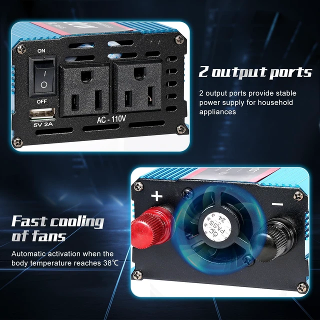 Alt view image 7 of 7 - PKNYBZH 1200Watt Car Power Inverter 12V DC to 110V AC,1200W Inverter, Power Inverters for Vehicles with LCD Display and AC Outlets 2A USB Charging Port (Blue)