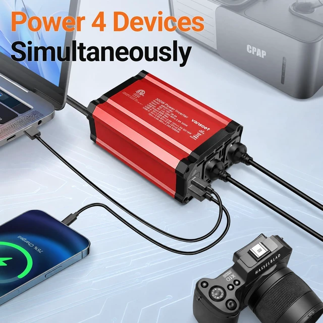 Alt view image 4 of 7 - Vansoet 300W Car Power Inverter, DC12V to AC 110V Cigarette Lighter Charger | PD30W USB-C Fast Charging Port, QC18W USB-A Port, 2 Outlets Car Plug in Adapter Outlet for Phone, Laptop on Road Trip