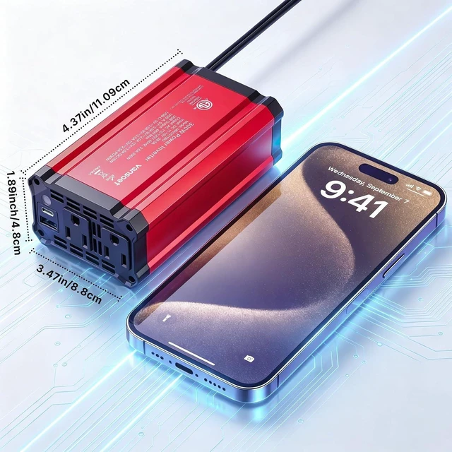 Alt view image 6 of 7 - Vansoet 300W Car Power Inverter, DC12V to AC 110V Cigarette Lighter Charger | PD30W USB-C Fast Charging Port, QC18W USB-A Port, 2 Outlets Car Plug in Adapter Outlet for Phone, Laptop on Road Trip