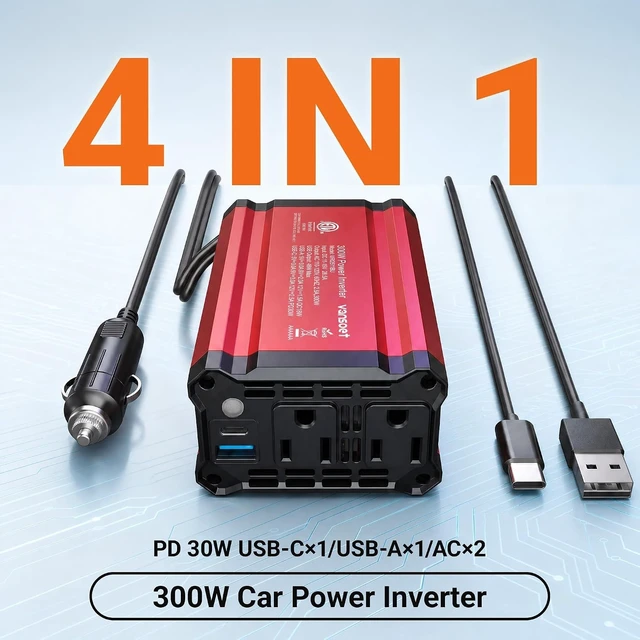 Alt view image 3 of 7 - Vansoet 300W Car Power Inverter, DC12V to AC 110V Cigarette Lighter Charger | PD30W USB-C Fast Charging Port, QC18W USB-A Port, 2 Outlets Car Plug in Adapter Outlet for Phone, Laptop on Road Trip
