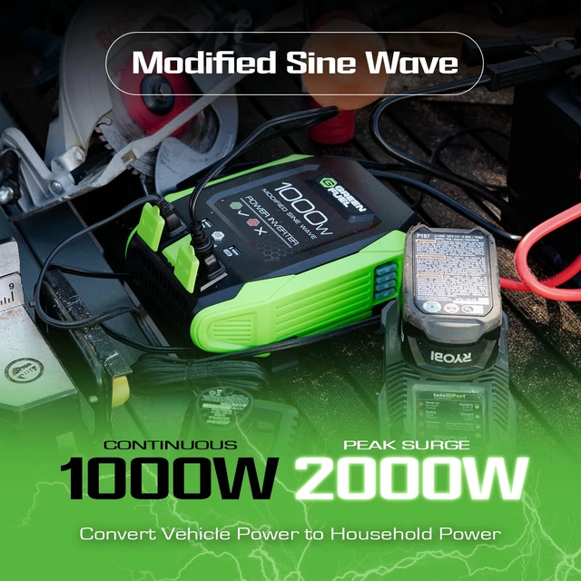 Alt view image 3 of 7 - Green Fuel 1000W Modified Sine Wave Power Inverter, 2000W Peak, 12V to 120V | 2000W Peak, 3 AC Outlets & 2 USB Ports, Battery Clamps & Mounting Brackets, No Cigarette Plug, Truck RV Work Van