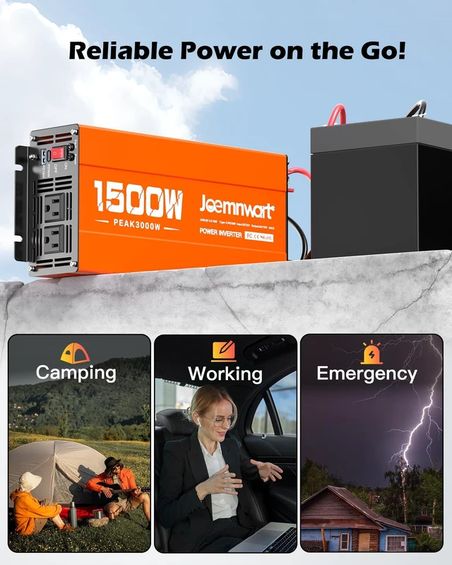 Alt view image 7 of 7 - Joemnwart 1500W Inverter 12V DC to 120V AC Converter with 2 AC Outlets, QC3.0/PD30W Fast Charging USB Ports, Car Power Inverter Adapter for Vehicles