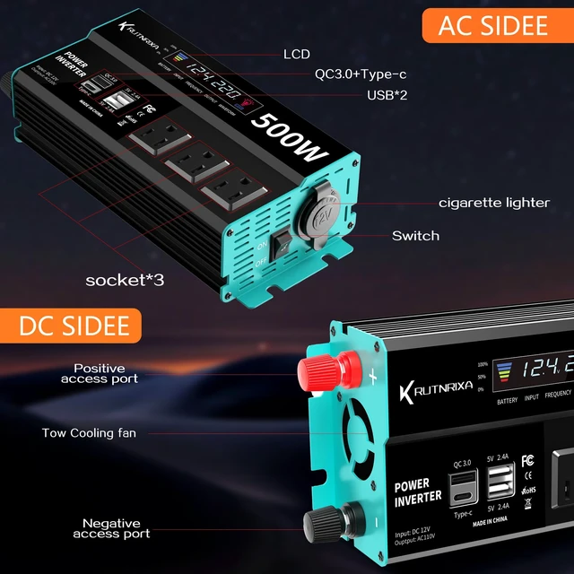 Alt view image 2 of 7 - RUTNRIXA 500W Power Inverters Peak 1000W 12V DC to 110V AC Converter for Vehicles USB-C/PD 25W Fast Charging Ports Car Charger Adapter with a Cigarette Lighter Ports Plug Outlet