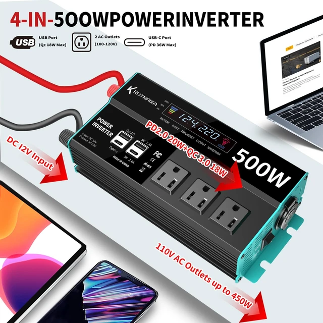 Alt view image 5 of 7 - RUTNRIXA 500W Power Inverters Peak 1000W 12V DC to 110V AC Converter for Vehicles USB-C/PD 25W Fast Charging Ports Car Charger Adapter with a Cigarette Lighter Ports Plug Outlet