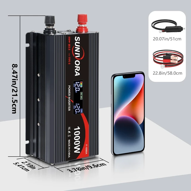 Alt view image 6 of 7 - SUNIVORA 1000W Car Power Inverter 12V DC to 110V/120V AC Converter | 2000W Peak with LCD, 2 AC Outlets & PD Type-C & USB 3.0, Car Plug in Adapter Outlet Supplies Power to Appliances on Car Boat
