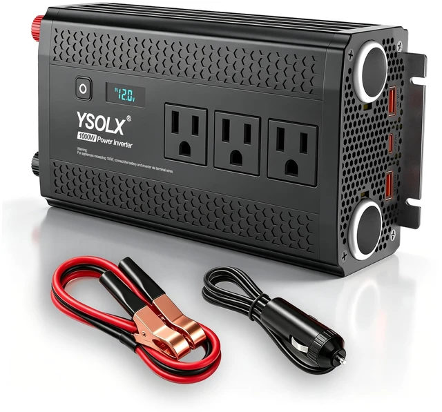 Main image of YSOLX 1000W Power Inverter 12V to 110V/120V for RV Camping | 3 AC Outlets, 24W USB-A & 30W PD, Dual Cigarette Lighter Ports, Power Converter with LED for Travel Home