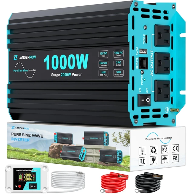 Main image of LANDERPOW 1000 Watt Car Power Inverter, Pure Sine Wave, 12V DC to 120V AC | 2000W Peak Inverters with 3 AC Outlet, 30W USB-C, 5V/3.1A USB, Remote Control for RV, Truck, Converter Inverter 12V to 110V