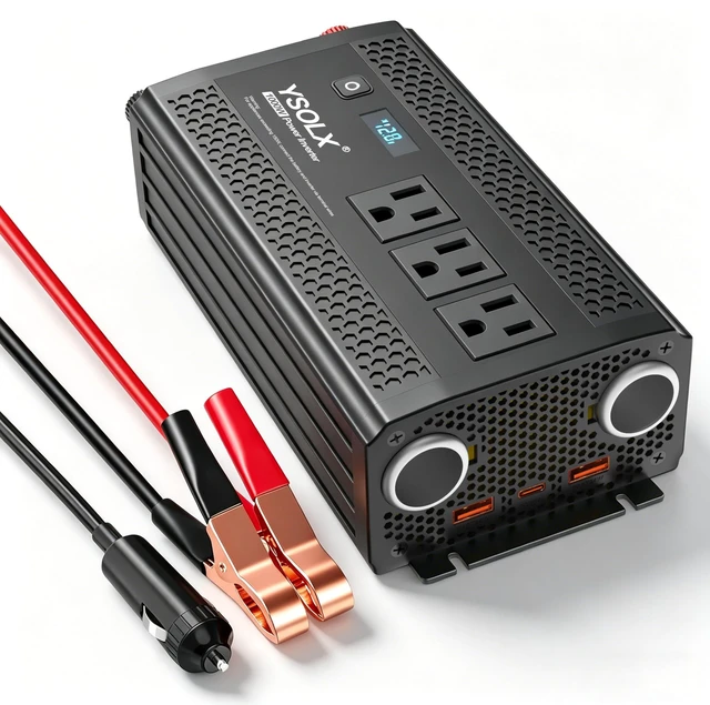 Main image of YSOLX 1000 Watt Power Inverter 12V DC to 110V/120V AC | 3 AC Outlets, 30W USB-C, 24W USB-A, Cigarette lighter Ports, LED Screen Display, For Camping Truck Travel Laptop Trip