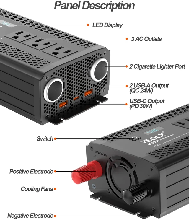 Alt view image 4 of 7 - YSOLX 1000 Watt Power Inverter 12V DC to 110V/120V AC | 3 AC Outlets, 30W USB-C, 24W USB-A, Cigarette lighter Ports, LED Screen Display, For Camping Truck Travel Laptop Trip