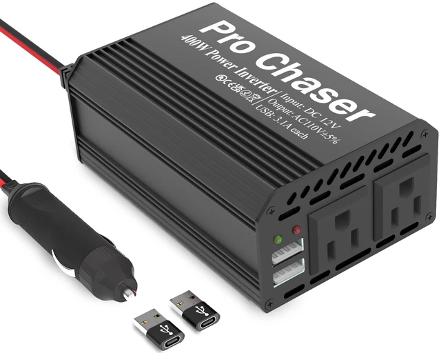 Main image of Pro Chaser 400W Car Power Inverter 12V DC to 110V AC Car Truck RV | Inverter 6.2A Dual USB Charging Ports for Road Trips (Type C Adaptors Included)