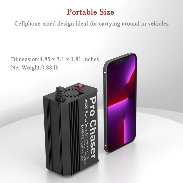 Alt view image 3 of 7 - Pro Chaser 400W Car Power Inverter 12V DC to 110V AC Car Truck RV | Inverter 6.2A Dual USB Charging Ports for Road Trips (Type C Adaptors Included)