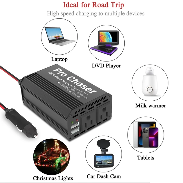 Alt view image 6 of 7 - Pro Chaser 400W Car Power Inverter 12V DC to 110V AC Car Truck RV | Inverter 6.2A Dual USB Charging Ports for Road Trips (Type C Adaptors Included)