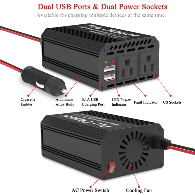 Alt view image 5 of 7 - Pro Chaser 400W Car Power Inverter 12V DC to 110V AC Car Truck RV | Inverter 6.2A Dual USB Charging Ports for Road Trips (Type C Adaptors Included)