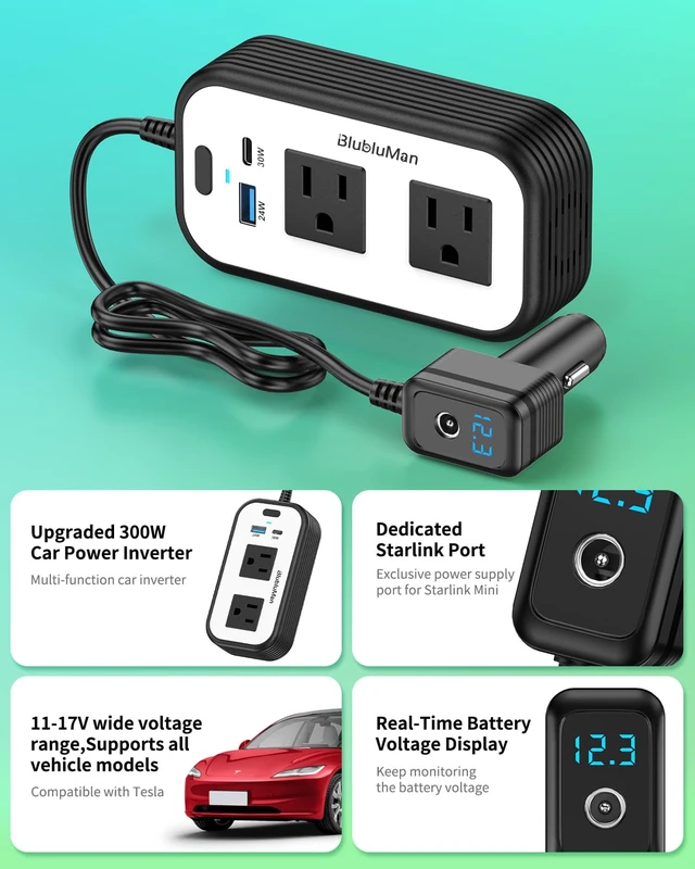 Alt view image 3 of 7 - Blubluman 300W Car Power Inverter with Starlink Mini Adapter | DC11-17V Compatible with Tesla, 30W PD Type-C & 24W USB-A Fast Charging, Dual AC Outlets for Road Trip Laptop
