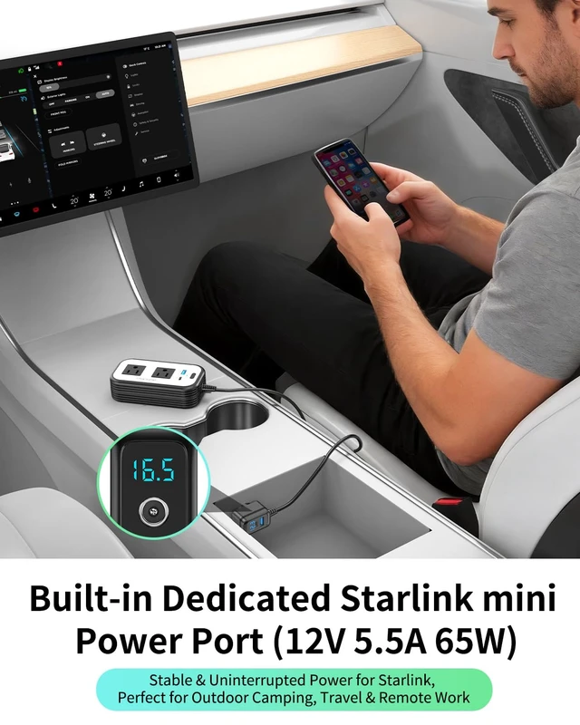 Alt view image 4 of 7 - Blubluman 300W Car Power Inverter with Starlink Mini Adapter | DC11-17V Compatible with Tesla, 30W PD Type-C & 24W USB-A Fast Charging, Dual AC Outlets for Road Trip Laptop