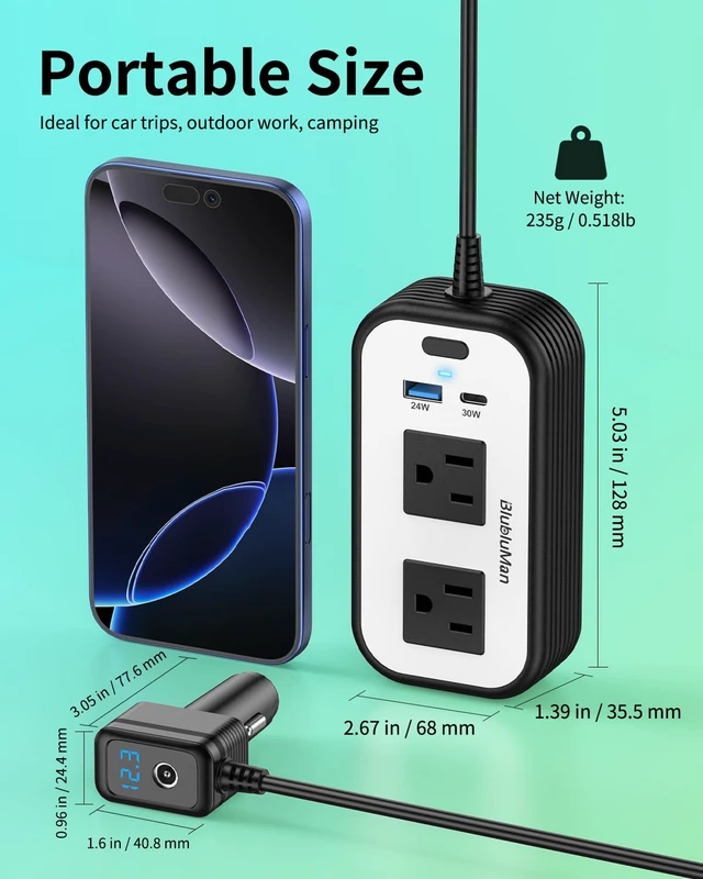 Alt view image 2 of 7 - Blubluman 300W Car Power Inverter with Starlink Mini Adapter | DC11-17V Compatible with Tesla, 30W PD Type-C & 24W USB-A Fast Charging, Dual AC Outlets for Road Trip Laptop