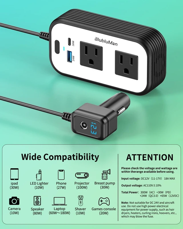 Alt view image 7 of 7 - Blubluman 300W Car Power Inverter with Starlink Mini Adapter | DC11-17V Compatible with Tesla, 30W PD Type-C & 24W USB-A Fast Charging, Dual AC Outlets for Road Trip Laptop