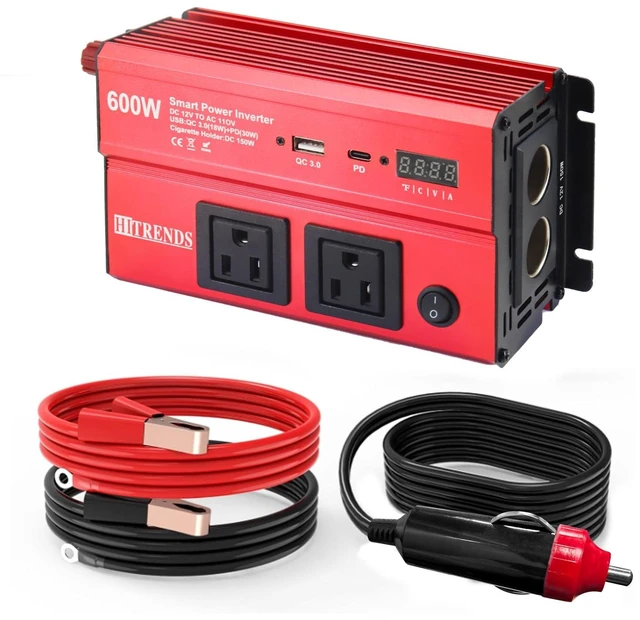 Main image of HITRENDS 600W Car Inverter, 12V DC to 110V AC, with 2 AC outlets, USB QC (18W) and Type-C (30W), Perfect for Camping, RVs, laptops, CE, FCC, ROHS Certified