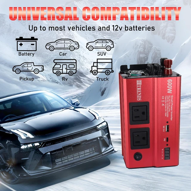 Alt view image 3 of 7 - HITRENDS 600W Car Inverter, 12V DC to 110V AC, with 2 AC outlets, USB QC (18W) and Type-C (30W), Perfect for Camping, RVs, laptops, CE, FCC, ROHS Certified