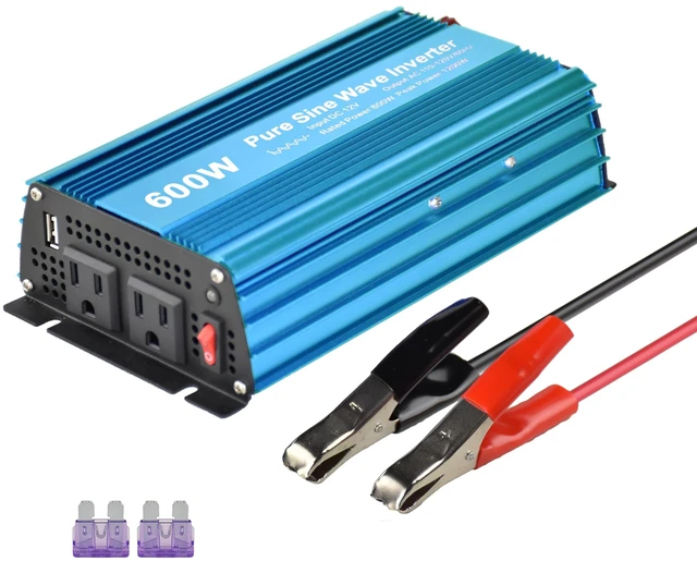 Main image of DC 12V to AC120V Pure Sine Wave Power Inverter 600W with Dual sockets Output and DC 5V 2Amp USB Output. Ideal for Most Small Power appliances. (600W)
