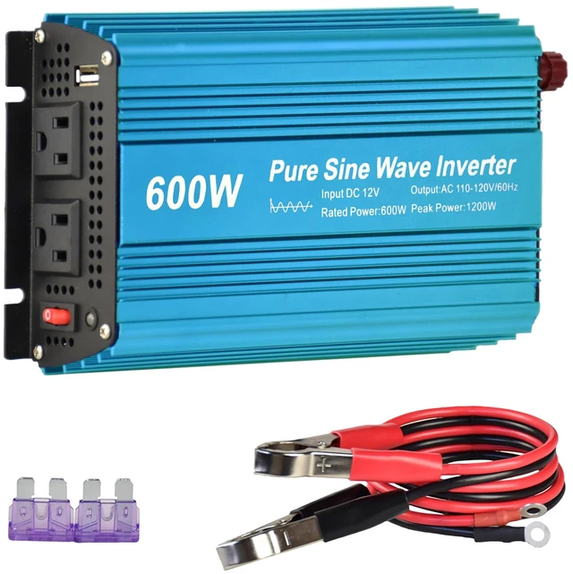 Alt view image 2 of 7 - DC 12V to AC120V Pure Sine Wave Power Inverter 600W with Dual sockets Output and DC 5V 2Amp USB Output. Ideal for Most Small Power appliances. (600W)