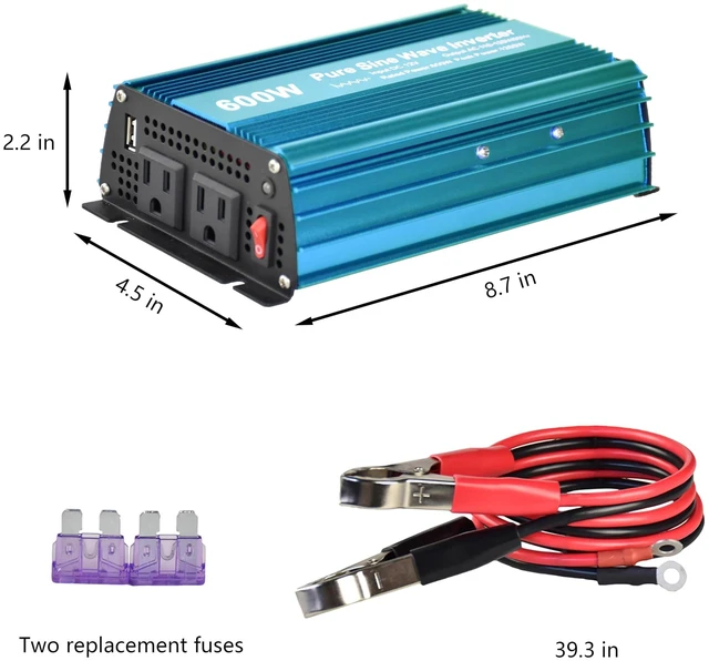 Alt view image 3 of 7 - DC 12V to AC120V Pure Sine Wave Power Inverter 600W with Dual sockets Output and DC 5V 2Amp USB Output. Ideal for Most Small Power appliances. (600W)