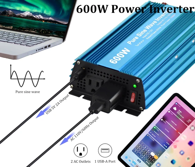 Alt view image 4 of 7 - DC 12V to AC120V Pure Sine Wave Power Inverter 600W with Dual sockets Output and DC 5V 2Amp USB Output. Ideal for Most Small Power appliances. (600W)