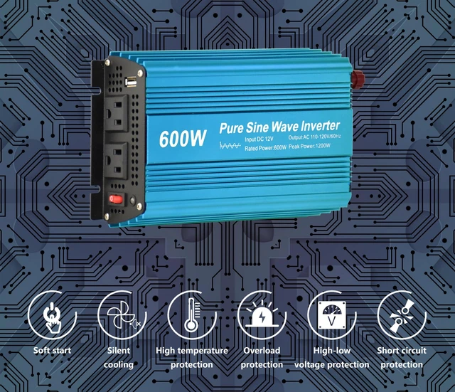Alt view image 6 of 7 - DC 12V to AC120V Pure Sine Wave Power Inverter 600W with Dual sockets Output and DC 5V 2Amp USB Output. Ideal for Most Small Power appliances. (600W)