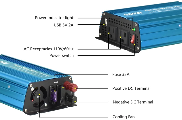 Alt view image 5 of 7 - DC 12V to AC120V Pure Sine Wave Power Inverter 600W with Dual sockets Output and DC 5V 2Amp USB Output. Ideal for Most Small Power appliances. (600W)