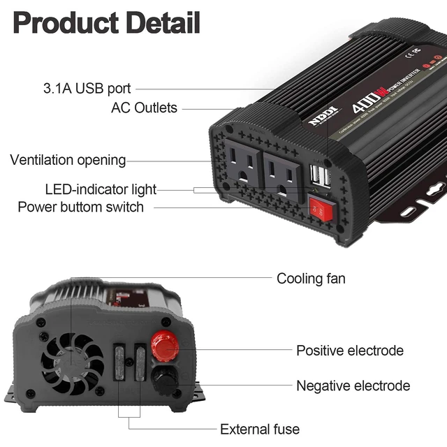Alt view image 2 of 7 - NDDI POWER 400W Power Inverter,DC 12v to AC 110v Car Inverter Converter | 3.1A Dual USB Charging Ports,Suitable For Laptops, Portable Power Converters, Camping, Road Travel Essentials, Black