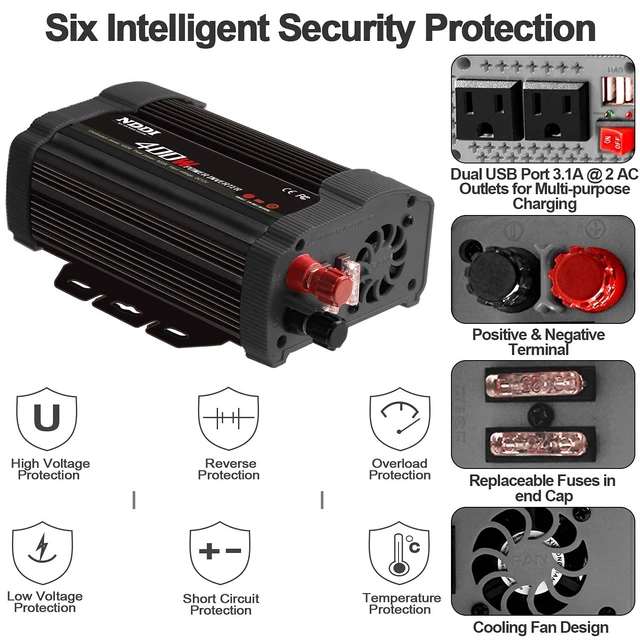 Alt view image 5 of 7 - NDDI POWER 400W Power Inverter,DC 12v to AC 110v Car Inverter Converter | 3.1A Dual USB Charging Ports,Suitable For Laptops, Portable Power Converters, Camping, Road Travel Essentials, Black