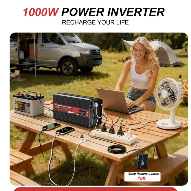 Alt view image 6 of 7 - OYPSX 1000W Power Inverter 12V to 110V 120V AC Pure Sine Wave Inverter for RV Truck Camping,Outdoor Off-Grid Power Converter with LCD Display,Wired Controller,AC Outlets USB Ports (12V-1000Watt)