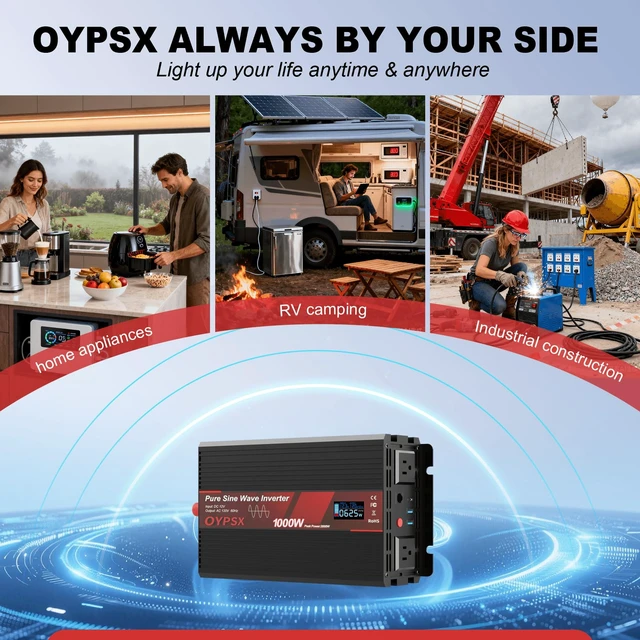 Alt view image 7 of 7 - OYPSX 1000W Power Inverter 12V to 110V 120V AC Pure Sine Wave Inverter for RV Truck Camping,Outdoor Off-Grid Power Converter with LCD Display,Wired Controller,AC Outlets USB Ports (12V-1000Watt)