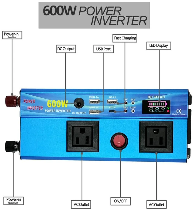Alt view image 2 of 6 - 600W Continous Output Power Inverter DC 12V to 110V AC Converter | With 4 USB Ports, 2 AC Outlets, 1 DC Output, LED Display for Road Trip, Camping, RV, Truck, Car, Pickup Truck