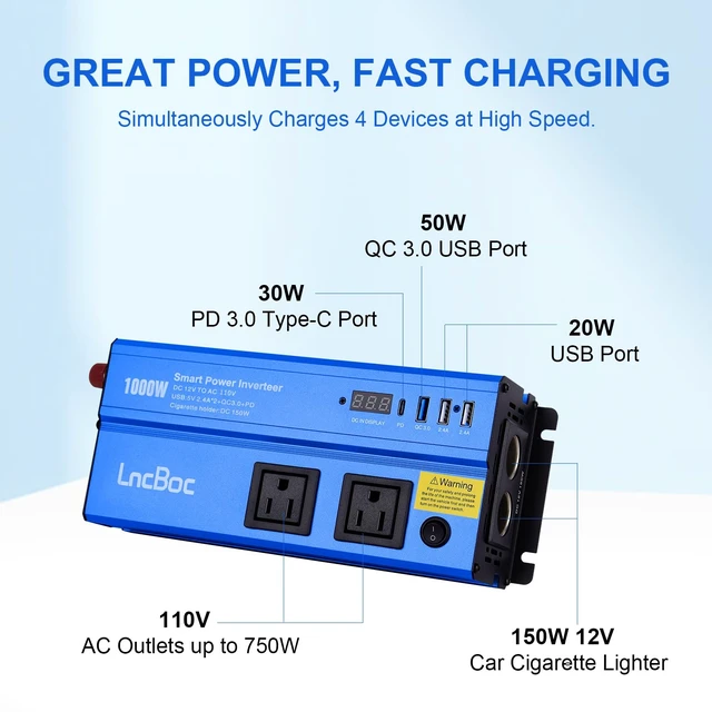 Alt view image 2 of 7 - Power Inverter 12v to 110v 1000w: 1000 Watt Dc to Ac Converter Battery Inverters for Car Charger Adapter with Outlet Plug - Inverter with Cigarette Lighter for Car Truck Vehicles Rv Boat Home Auto