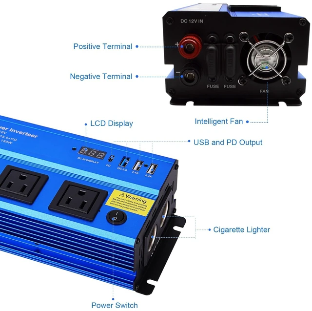 Alt view image 3 of 7 - Power Inverter 12v to 110v 1000w: 1000 Watt Dc to Ac Converter Battery Inverters for Car Charger Adapter with Outlet Plug - Inverter with Cigarette Lighter for Car Truck Vehicles Rv Boat Home Auto