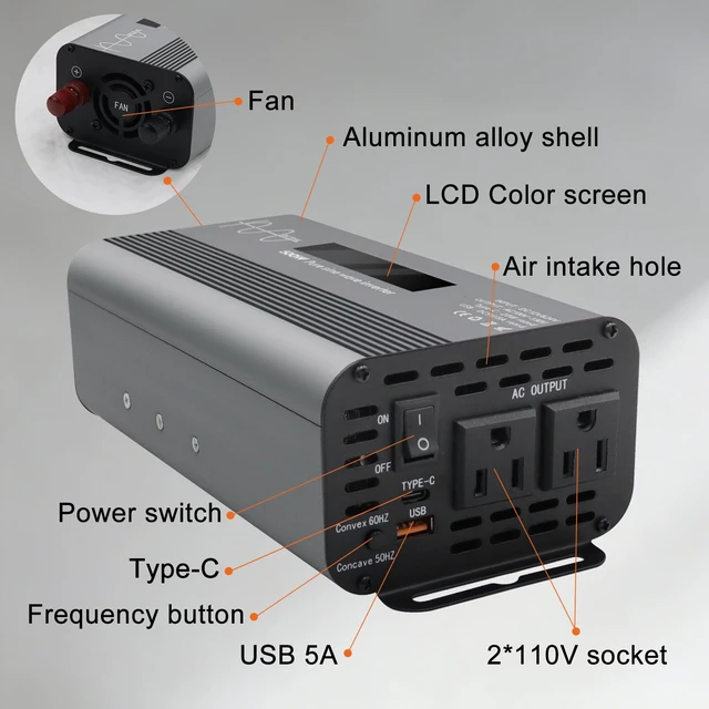 Alt view image 5 of 6 - LYZGDBU 500W Pure Sine Wave Power Inverter 12V/24V to 110V AC | Digital Display, Dual AC Outlets & Fast Charging USB/Type-C, Overload Protection, For Car RV Truck Home Camping