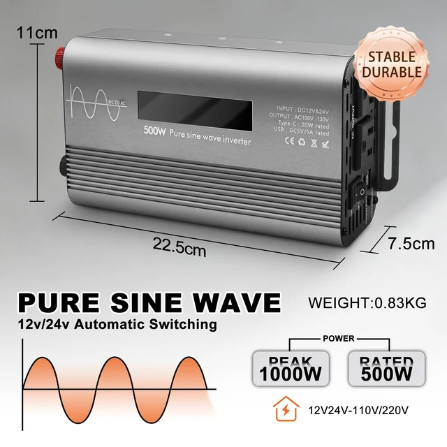 Alt view image 3 of 6 - LYZGDBU 500W Pure Sine Wave Power Inverter 12V/24V to 110V AC | Digital Display, Dual AC Outlets & Fast Charging USB/Type-C, Overload Protection, For Car RV Truck Home Camping