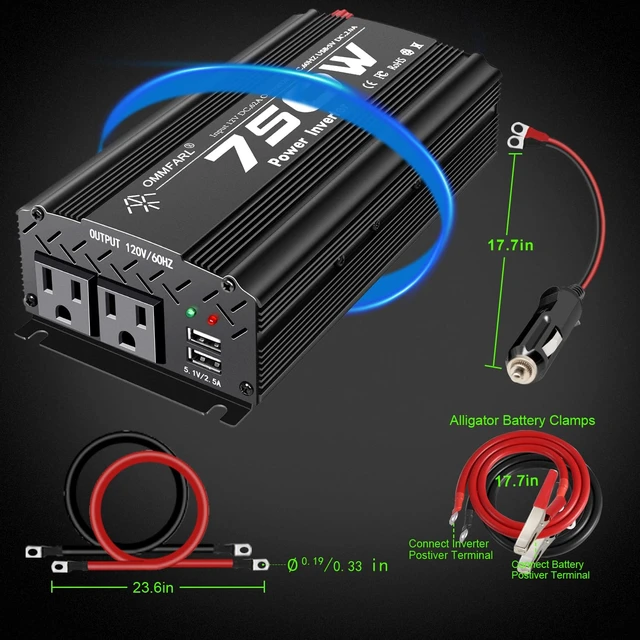 Alt view image 4 of 7 - 750W Modified Sine Wave Power Inverter DC 12V to AC 110V, Peak 1500 Watt, Car Plug Inverter Adapter Power Converter with 4.2A Dual USB Charging Ports and 2 AC Outlets Car Charger Black