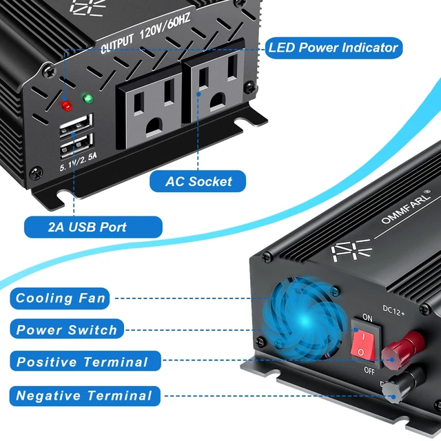 Alt view image 2 of 7 - 750W Modified Sine Wave Power Inverter DC 12V to AC 110V, Peak 1500 Watt, Car Plug Inverter Adapter Power Converter with 4.2A Dual USB Charging Ports and 2 AC Outlets Car Charger Black
